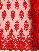 Embroidered Bead Fabric - Red - Floral Damask Bead Bridal Lace Fabric by the yard