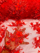 3D Flower Pearl Design - Red - Embroidered Sequins Floral Clusters Lace Fabric By Yard
