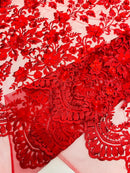3D Scalloped Floral Fabric - Red - Embroidered Floral Design on Lace Sold By Yard
