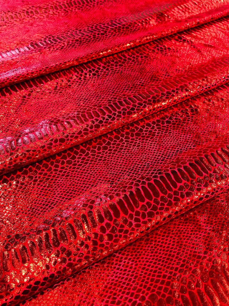 Anaconda Foil Velvet - Red - Shiny Foil Velvet Anaconda Snake Print Fabric Sold By The Yard