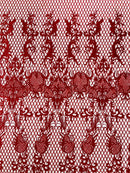 Damask Diamond Net Lace Fabric - Red - Damask Design Embroidered on Lace Mesh Fabric by Yard