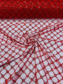 Diamond Net Bead Fabric - Red - Geometric Embroidery Beaded Sequins Fabric Sold By The Yard