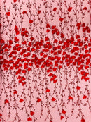 3D Glitter Floral Fabric - Red - Floral Line Glitter Designs on Mesh Fabric Sold By Yard