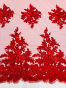 Flower 3D Corded Fabric - Red - Lace Mesh Fabric Embroidered Floral Design by Yard
