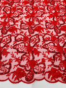Flower Plant Sequins Fabric - Red - Embroidered Sequins On Flower Pattern Lace By Yard