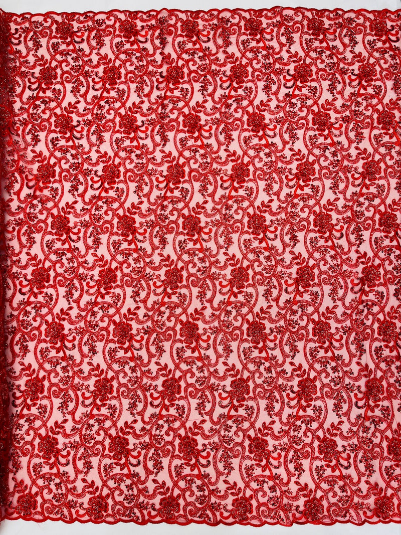 Embroidery Beaded Fabric - Red - Beaded Floral Bridal Embroidery Fabric Sold by the yard