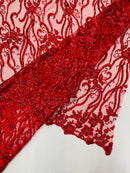 Flower Lines Bead Fabric - Red - Beaded Flower Fabric with Curled Long Lines Pattern By Yard