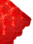 Damask Flower Lace Fabric - Red - Damask Flowers Embroidered on Lace Fabric By Yard