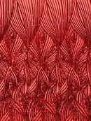 Curvy Design Sequins Fabric - Red - 4 Way Stretch Curvy Sequins Design Mesh Fabric by Yard