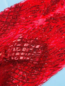 Beaded Embroidered Fabric - Red - Embroidered Heart and Feather Pattern Fabric Sold By Yard