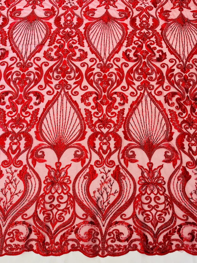 Leaf Damask Bead Fabric - Red  - Embroidered Sequins Heavy Beaded Lace Fabric by Yard