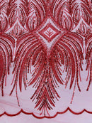 Beaded Line Fabric -  Red - Luxury Bridal Line Pattern Fabric With Beads, Sequins Sold By Yard