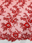 Floral Two Tone Lace Fabric - Red - Sequins Embroidery Floral Lace Fabric Sold By Yard