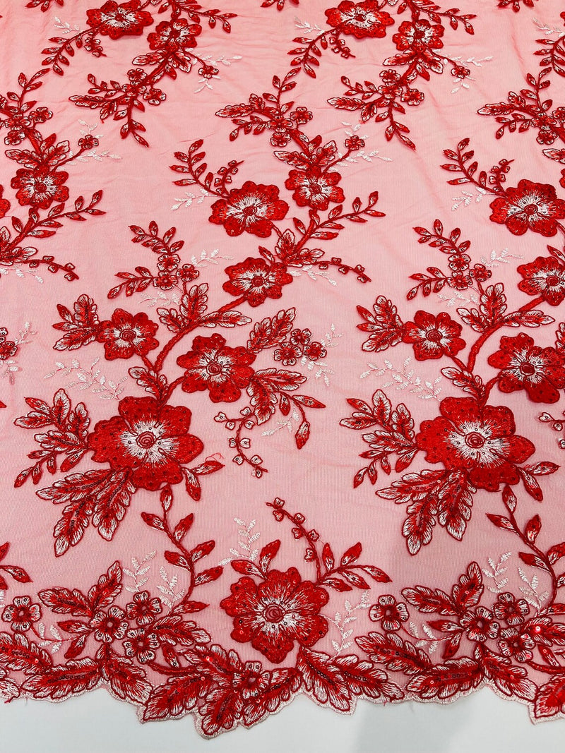 Floral Two Tone Lace Fabric - Red - Sequins Embroidery Floral Lace Fabric Sold By Yard