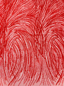 Glitter Lines on Tulle Lace Fabric - Red - Tulle Glitter Mesh Line Design Fabric Sold By Yard
