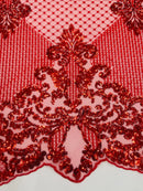 King Damask Lace Fabric - Red - Corded Embroidery with Sequins on Mesh Lace Fabric By Yard