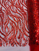 Wavy Floral Beaded Fabric - Red - Geometric Beaded Sequins Embroidered Fabric Sold By Yard