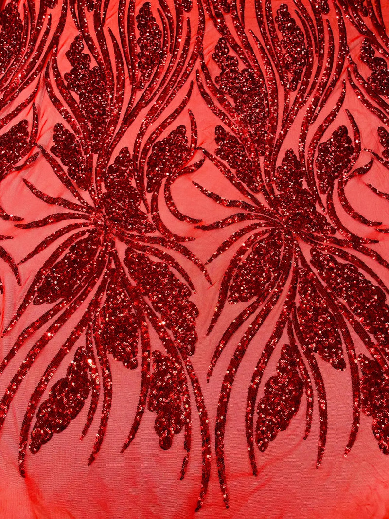 Wavy Leaf Design Fabric - Red - 4 Way Stretch Sequins Lace Mesh Leaf Design Fabric by Yard