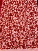 Floral Plant Bead Design - Red - Beaded Flower Plants Embroidered  Sequins Fabric By Yard