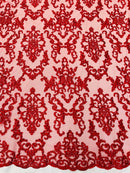 Beaded Butterfly Pattern Fabric - Red - Damask Fancy Bead Sequins Fabric Sold by Yard