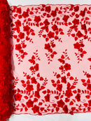 Floral 3D Pearl Fabric - Red - Embroidered Double Border Flower Design Pearl Fabric By Yard