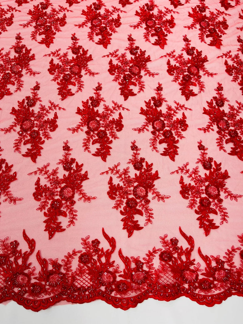 Beaded Sequins Floral Fabric - Red - Embroidered Beaded Floral Clusters Sequins Fabric By Yard