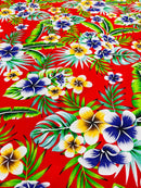 Hawaiian Floral Print Fabric - Red - 45" Plumeria Tropical Flower Cotton Fabric by Yard