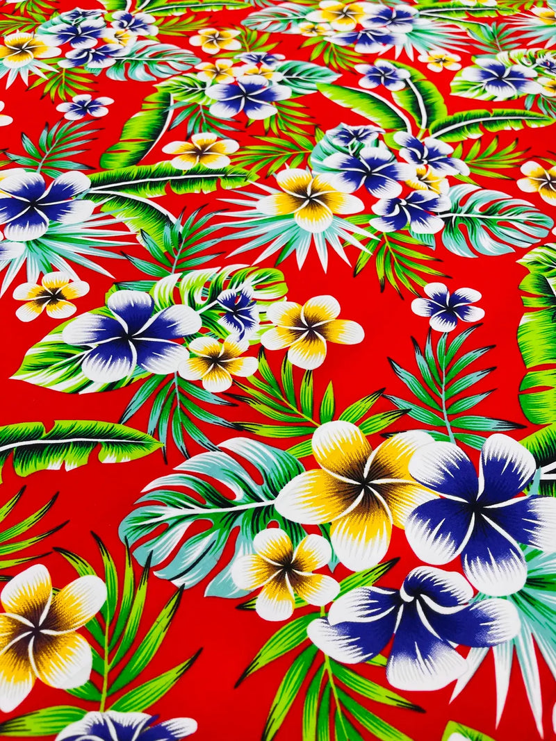 Hawaiian Floral Print Fabric - Red - 45" Plumeria Tropical Flower Cotton Fabric by Yard