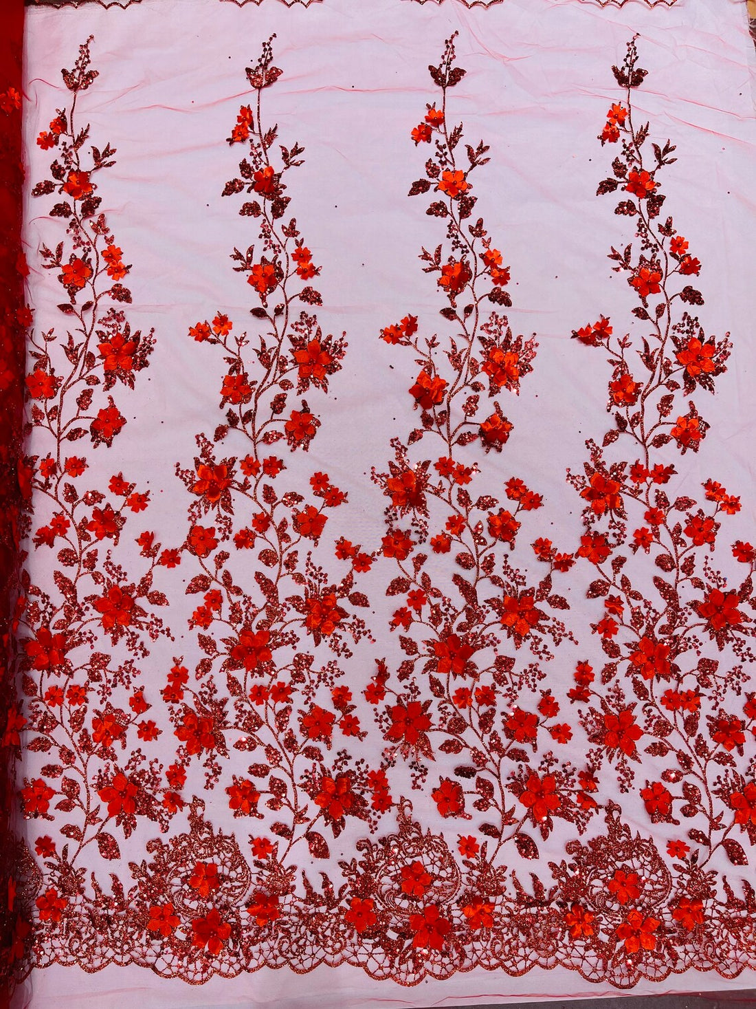 red floral dress fabric 3D Glitter - high/low Garden Party Maxi Dress side pockets Size:X-Large/17-17.5 Neck/32-33 Sleeve