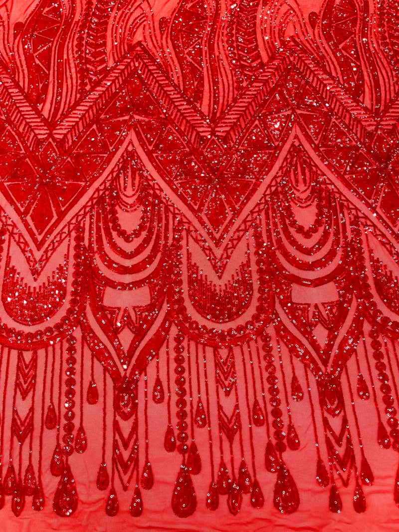 Zig Zag Tear Drop Sequins - Red - Embroidered Zig Zag Sequins 4 Way Stretch By Yard