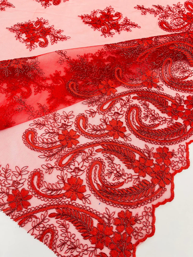 Metallic Paisley Floral Lace - Red - Corded Floral Lace with Metallic Thread on Mesh By Yard