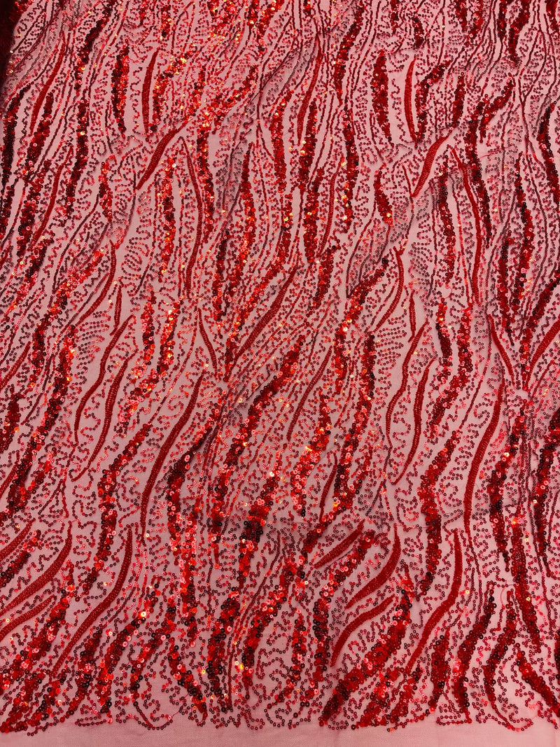 Wavy Leaf Lines Fabric - Red - Beaded Sequins Leaf Pattern Embroidered On Mesh By Yard
