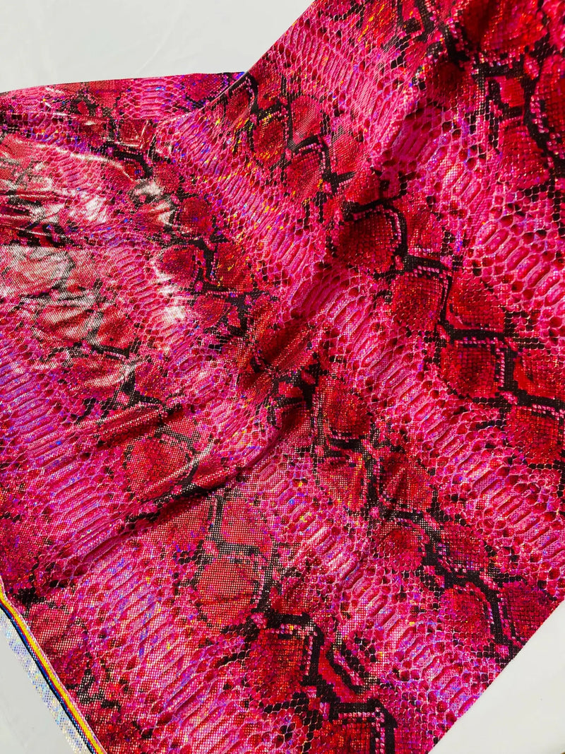 Holographic Snake Spandex - Red - Poly Spandex Stretch  Snake Print Fabric By Yard