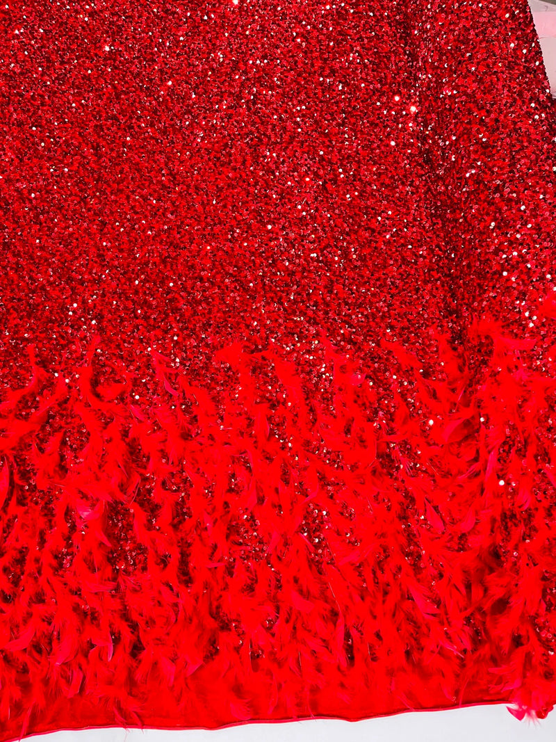 Feather Sequin Velvet Fabric - Red - 5mm Sequins Velvet 2 Way Stretch 58/60" Fabric By Yard