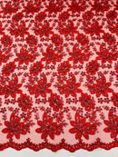 Metallic Floral Lace Fabric - Red - Hologram Sequins Floral Metallic Thread Fabric by Yard