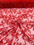 Sequin Lace Floral Fabric - Red - Flower Embroidered Sequins Lace Fabric Sold By Yard