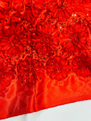 Sequins Satin Rosette Fabric - Red - 3D Satin Rose Sequins Floral Fabric Sold By The Yard