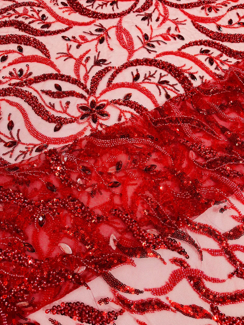 Floral & Leaf Pattern Bead Fabric - Red - Embroidered Beaded Rhinestone on a Mesh, Sold By Yard