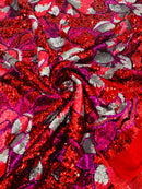 Orchid Flower Sequins Design - Red - Embroidered 4 Way Stretch Full Of Sequins Fabric Sold By Yard
