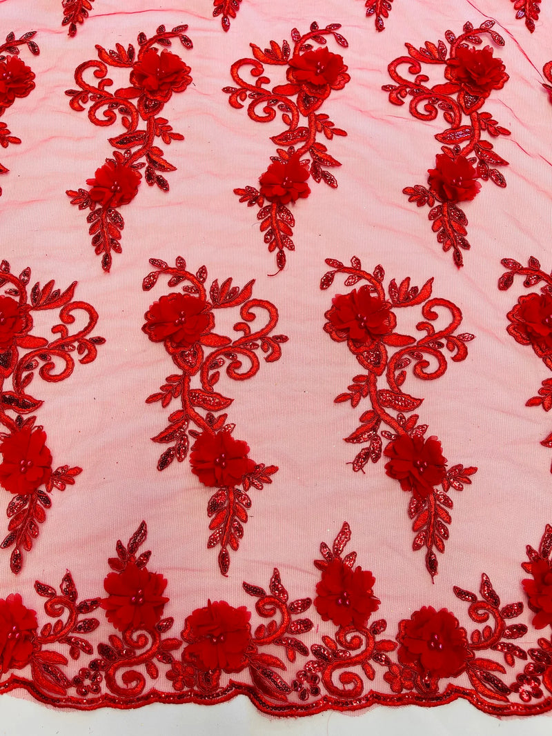 3D Floral Cluster with Border Lace - Red - Flower with Leaves Design 3D Fabrics Sold By Yard