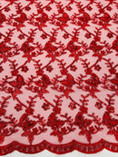 Metallic Floral Butterfly Fabric - Red - Embroidered Floral Butterfly Design Mesh Fabric by Yard