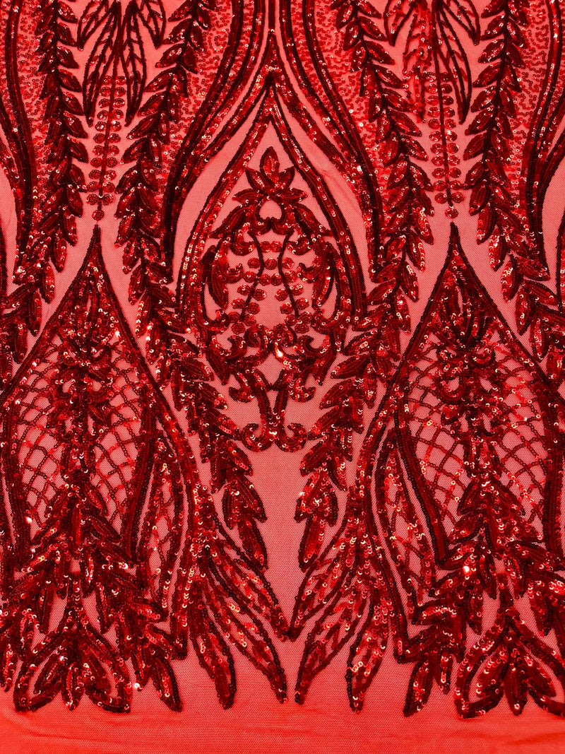 Mermaid Design Fabric - Red - 4 Way Stretch Sequins Fabric on Lace Mesh Sold By Yard