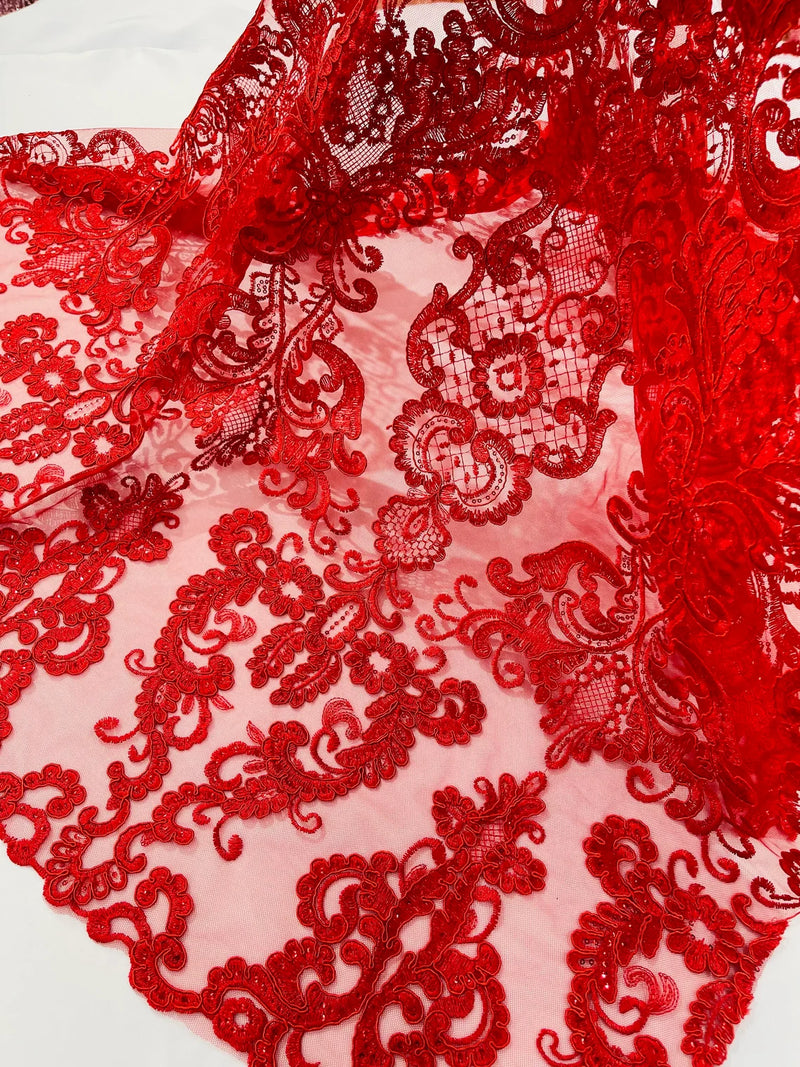 King Lace Design Fabric - Red - King Design with Sequins Embroidered On Mesh By Yard