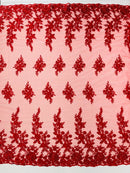 Rose Beaded Sequin Fabric - Red - Embroidered Floral Pattern with Beads and Sequins By Yard