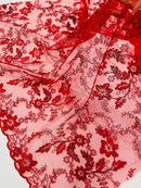 Flower Metallic Lace Fabric - Red - Corded Floral Sequins Design Fabric Embroidered on Lace by Yard