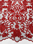 Damask Fancy Design - Red - Embroidered Black Mesh Damask Design Lace Fabric Sold by Yard