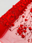 3D Floral Glitter Fabric - Red - 3D Sequins and Glitter Floral Design on Mesh Sold By Yard
