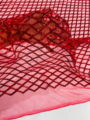 Diamond Net Sequins Fabric - Red - Geometric Diamond Net Design on Mesh Lace Fabric By Yard