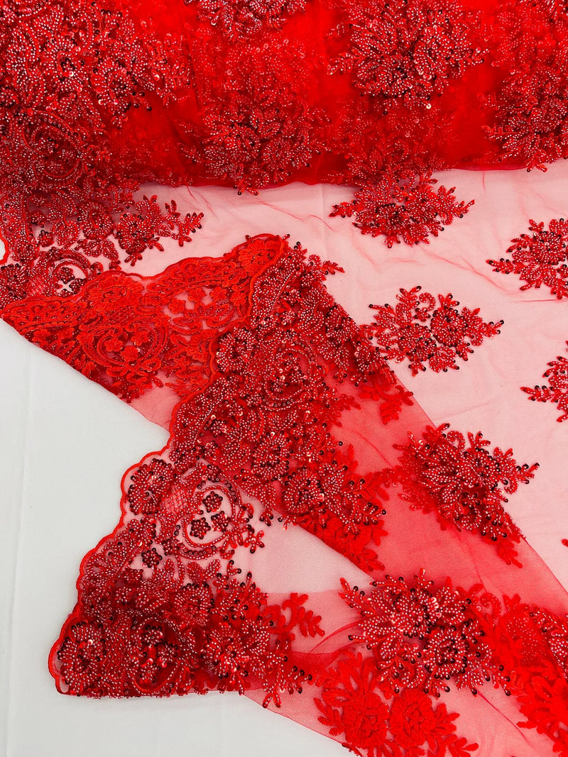 Heavy Bridal Lace Fabric - Red - Floral Beaded Heavy Lace Fabric Sold by Yard