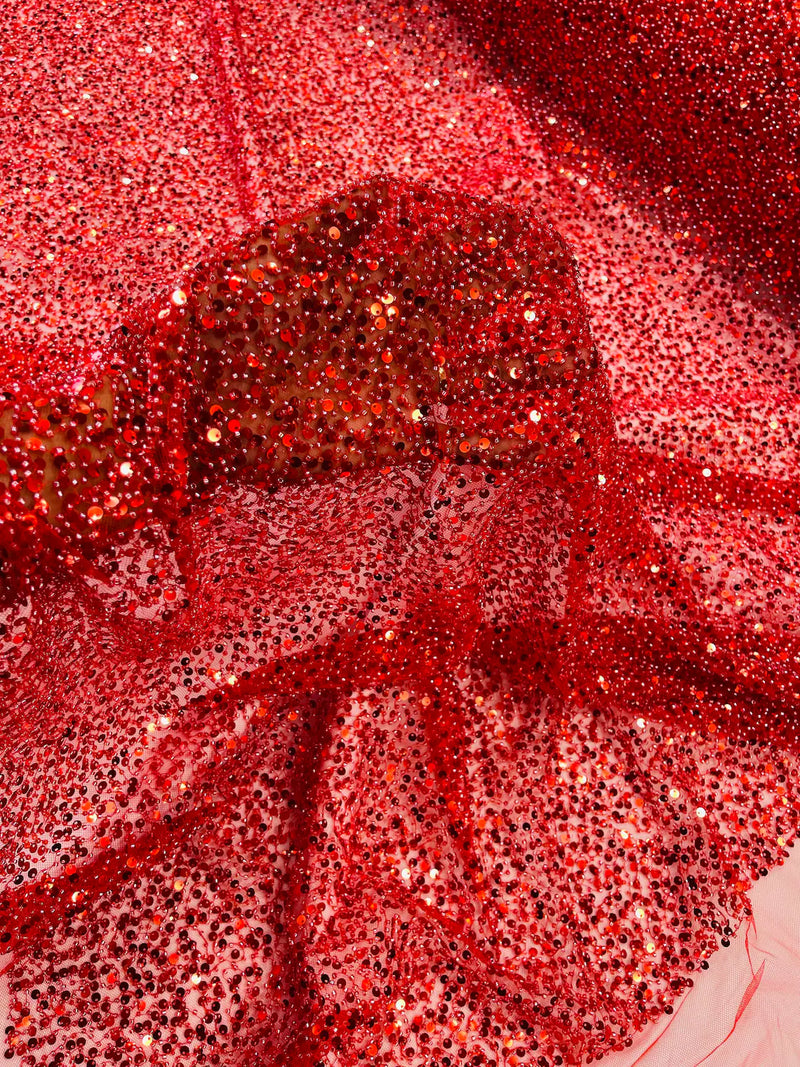 Beaded Sequins Pearl Fabric - Red - Embroidered Pearl Beads and Sequins on Lace By Yard